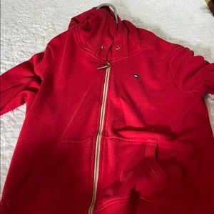 red zip up hoodie